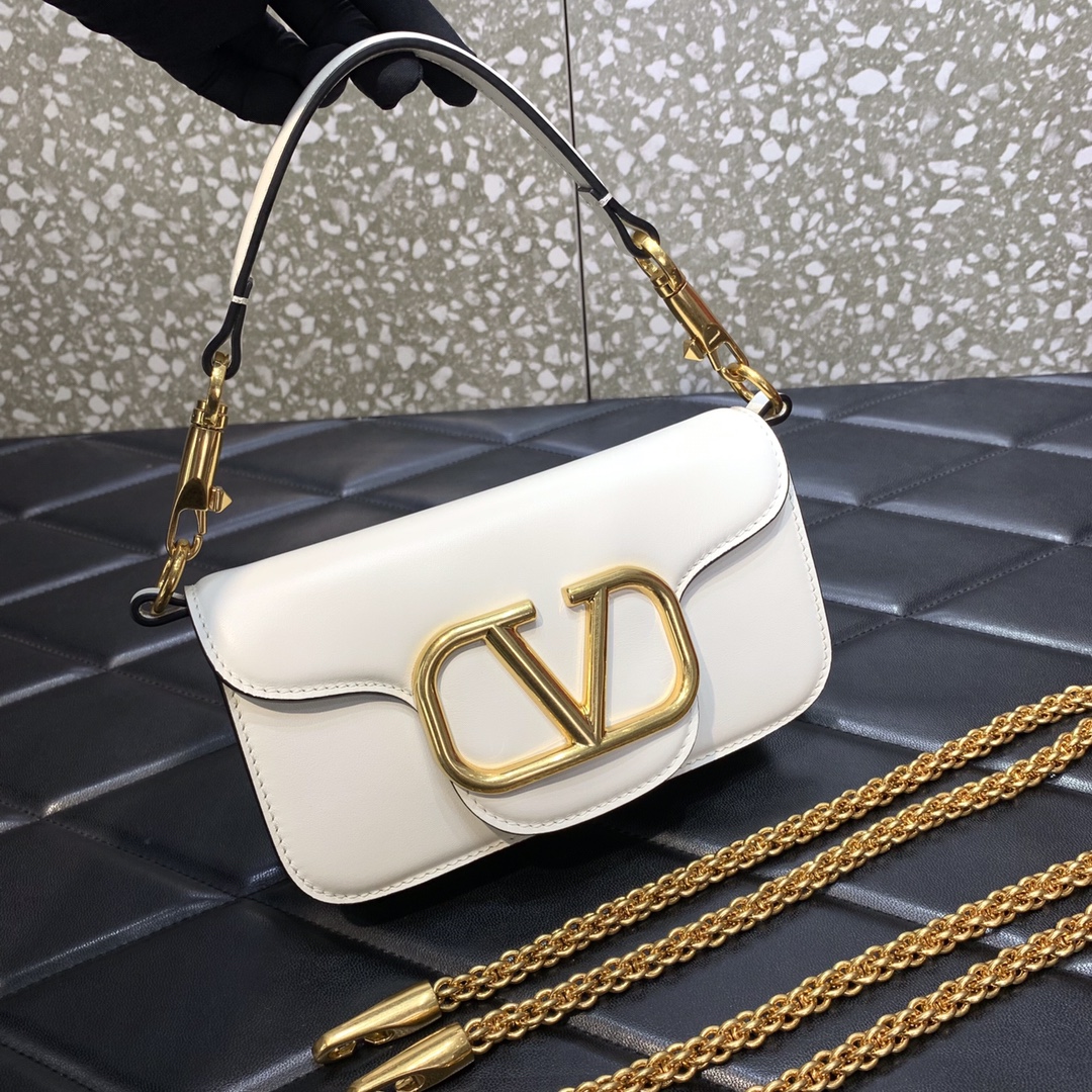 Valentino Garavani Loco Small Shoulder Bag in Ivory Calfskin Leather 